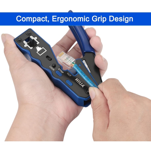 Hiija RJ45 Crimper, RJ45 Crimp Tool Pass Through Cat5 Cat5e Cat6 Crimping Tool Kit for RJ45 Regular, 50PCS CAT6 Pass Through Connectors, Mini Wire