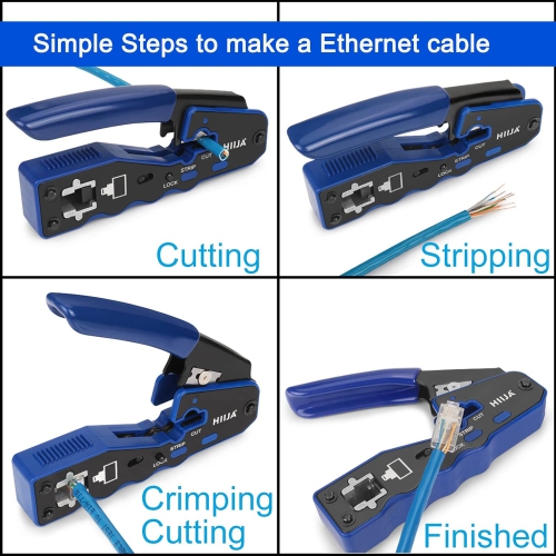 Hiija RJ45 Crimper, RJ45 Crimp Tool Pass Through Cat5 Cat5e Cat6 Crimping Tool Kit for RJ45 Regular, 50PCS CAT6 Pass Through Connectors, Mini Wire