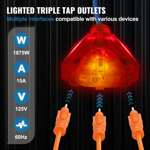 Enrouleur de rallonge rétractable de 80 pi VEVOR, câble d'alimentation rétractable robuste 12AWG/3C SJTOW avec prise triple éclairée, disjoncteur de