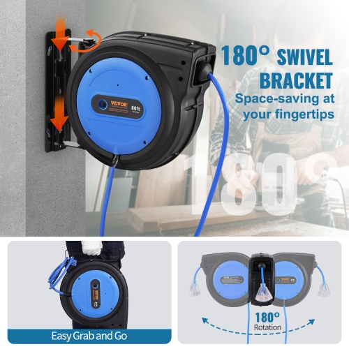 Enrouleur de rallonge rétractable de 80 pi VEVOR, câble d'alimentation rétractable robuste 12AWG/3C SJTOW avec prise triple éclairée, disjoncteur de