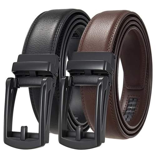 Lot de 2 ceintures automatiques en cuir noir et brun avec boucle en cuir véritable Vraie à la ceinture pour hommes en cuir de vache plat brun