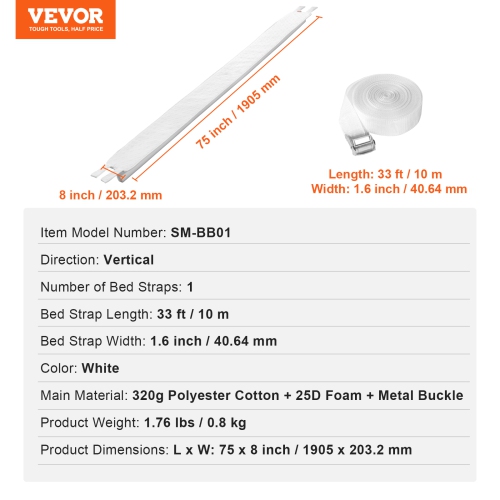 VEVOR 75" L x 8" W Bed Bridge, King Bed Converter Kit, Split King Gap Filler for Adjustable Bed Mattress Connector Mattress Gap Filler with Metal