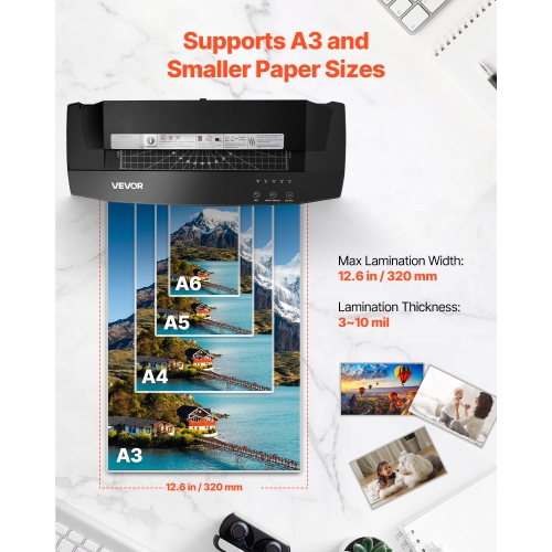 VEVOR A3 Paper Size Laminator Machine, Cold and Hot Lamination, 1 min Quick Warm Portable Laminator, 3-10 mil Thickness, Ideal for Home, Office,