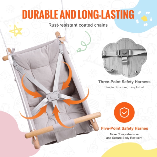 VEVOR 3 Modes Baby Canvas Hammock Swing Indoor and Outdoor with 5-Point Harness, and Tree Straps, 150lbs Weight Capacity, Integrated Cushion, Wooden