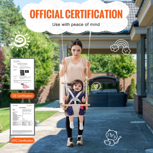 VEVOR 3 Modes Baby Canvas Hammock Swing Indoor and Outdoor with 5-Point Harness, and Tree Straps, 150lbs Weight Capacity, Integrated Cushion, Wooden