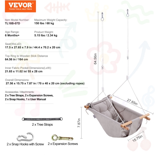 VEVOR 3 Modes Baby Canvas Hammock Swing Indoor and Outdoor with 5-Point Harness, and Tree Straps, 150lbs Weight Capacity, Integrated Cushion, Wooden