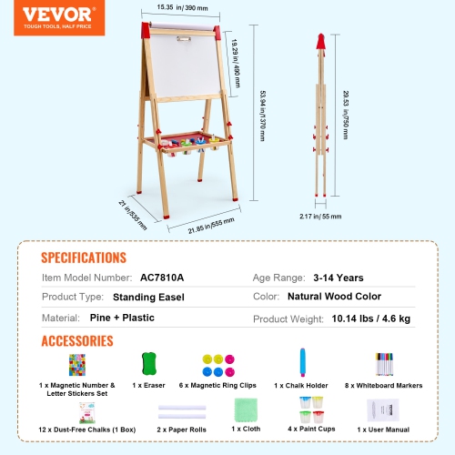 VEVOR 3-in-1 Wooden Double-Sided Kid's Art Easel with Magnetic Whiteboard, Chalkboard & Paper Roll, Adjustable Standing Drawing Board with Painting