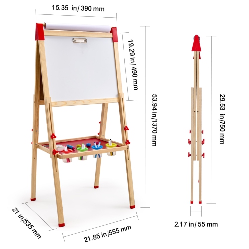 VEVOR 3-in-1 Wooden Double-Sided Kid's Art Easel with Magnetic Whiteboard, Chalkboard & Paper Roll, Adjustable Standing Drawing Board with Painting