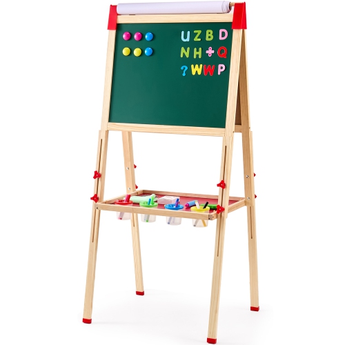 VEVOR 3-in-1 Wooden Double-Sided Kid's Art Easel with Magnetic Whiteboard, Chalkboard & Paper Roll, Adjustable Standing Drawing Board with Painting