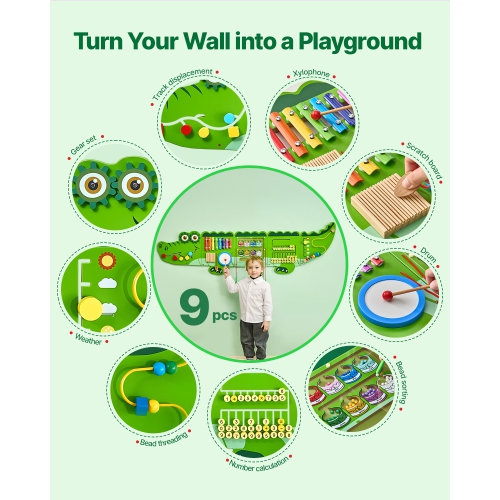 VEVOR 9 Activities Crocodile Activity Wall Busy Board Panels, Montessori Sensory Wall Toy for Kids 3-12 Years, Montessori Learning Activity Center,
