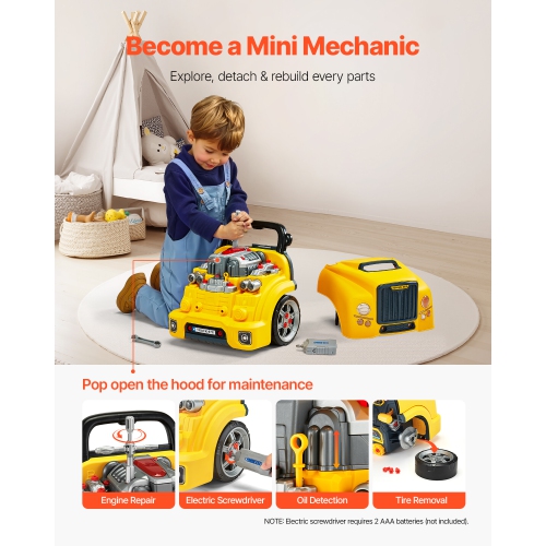 VEVOR 60 Pieces Engine Toy,Kids Mechanic Car Repair Set with Removable Parts,Lights and Sounds,Steering Wheel and Horn,Mechanic Workshop Set for