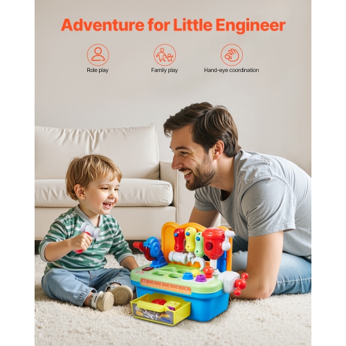 VEVOR Musical Workbench Toy, Sounds & Lights,Workbench for Toddler Age 2 Years and Up, Baby Pretend Play Tool Set, Infant Shape Sorter Activities,