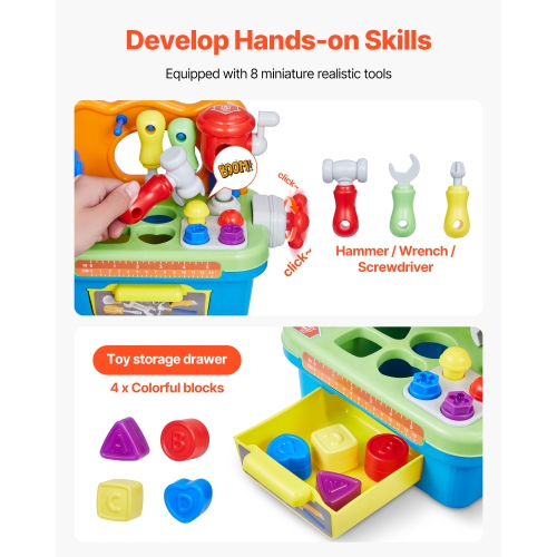 VEVOR Musical Workbench Toy, Sounds & Lights,Workbench for Toddler Age 2 Years and Up, Baby Pretend Play Tool Set, Infant Shape Sorter Activities,