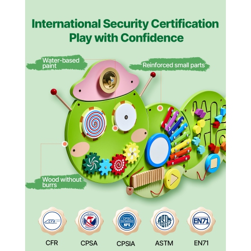 VEVOR 12 Activities Caterpillar Activity Wall Busy Board Panels, Montessori Sensory Wall Toy for Kids 3-12 Years, Montessori Learning Activity