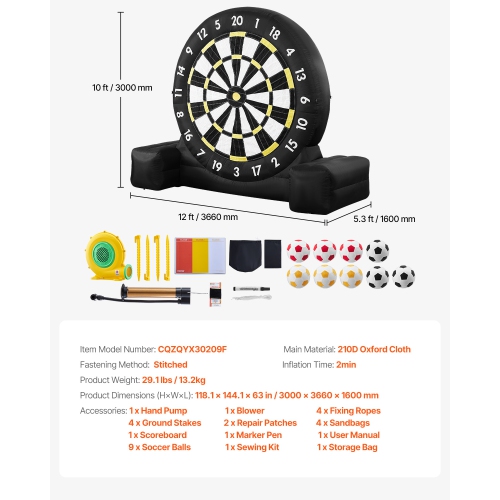 VEVOR 2-Minutes Setup 10 ft High Giant Inflatable Soccer Dart Board with 9 Kick Balls & Air Pump, Storage Bag for Easy Carrying, for Giant Yard