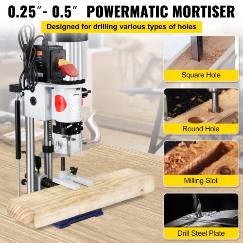 VEVOR 3/4 HP 3400RPM Powermatic Woodworking Mortiser With Chisel Bit Sets, Benchtop Mortising Machine, For Making Round Holes Square Holes, Or