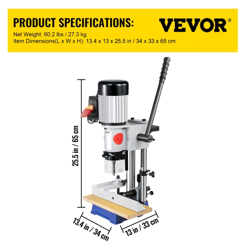 VEVOR 3/4 HP 3400RPM Powermatic Woodworking Mortiser With Chisel Bit Sets, Benchtop Mortising Machine, For Making Round Holes Square Holes, Or