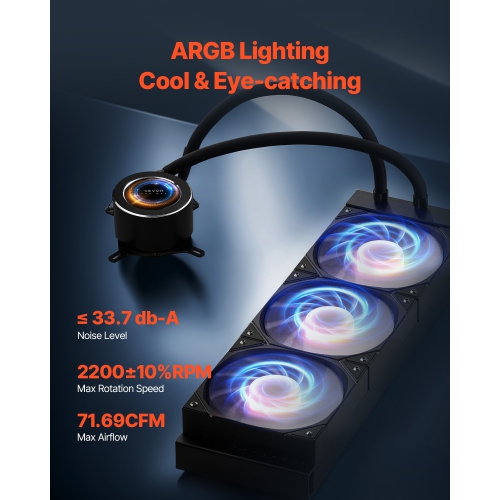 VEVOR 3 x 120mm PWN Fans CPU Liquid Cooler, AIO CPU Water Cooler, Pump, Black PC Liquid Cooler with 2.1'' LCD Display & ARGB light, for Intel
