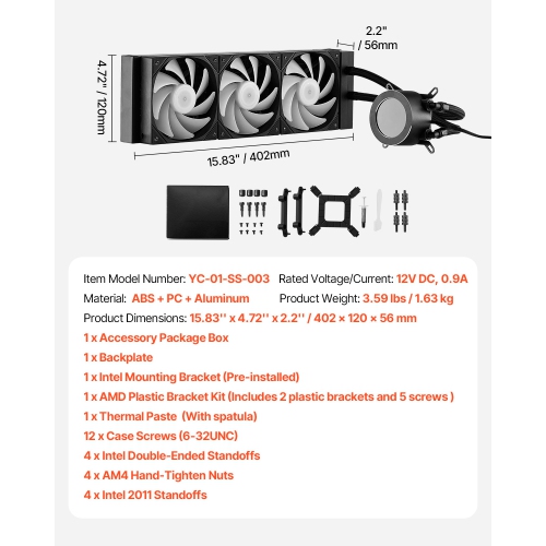 VEVOR 3 x 120mm PWN Fans CPU Liquid Cooler, AIO CPU Water Cooler, Pump, Black PC Liquid Cooler with 2.1'' LCD Display & ARGB light, for Intel