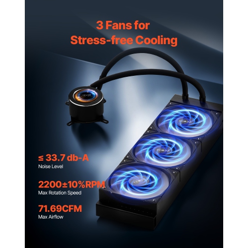 VEVOR 3 x 120mm PWN Fans CPU Liquid Cooler, AIO CPU Water Cooler, 2.1'' LCD Display, Max 2200PRM Black CPU Cooling Fan, Compatible for Intel