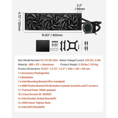 VEVOR 3 x 120mm PWN Fans CPU Liquid Cooler, AIO CPU Water Cooler, 2.1'' LCD Display, Max 2200PRM Black CPU Cooling Fan, Compatible for Intel