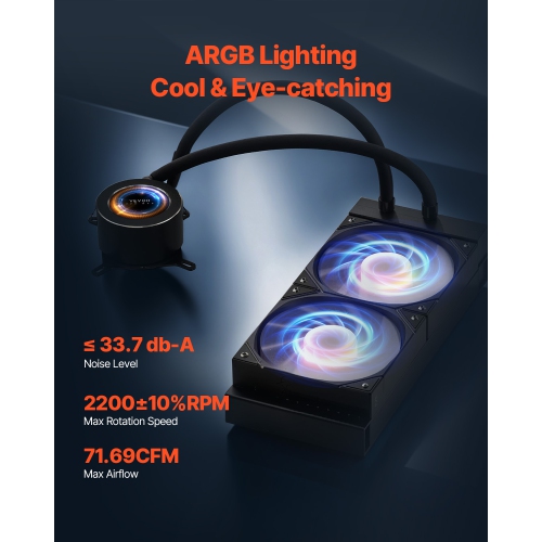 VEVOR 120mm PWN Fans CPU Liquid Cooler, AIO CPU Water Cooler, Pump, Black PC Liquid Cooler with 2.1'' LCD Display & ARGB light, for Intel