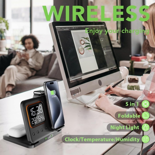 Foldable Wireless Charging Station with Clock Wireless Charger Fast Charging Cell Phone Holder