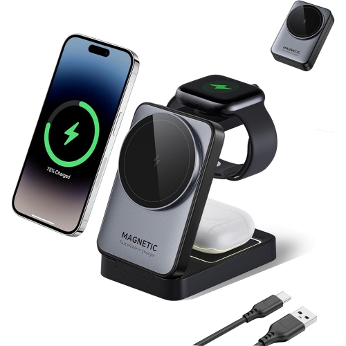 3-In-1 Wireless Charger for iPhone,15W Fast Charger Compatible with Magsafe Charger Stand,Foldable Charging Station for iPhone Airpod