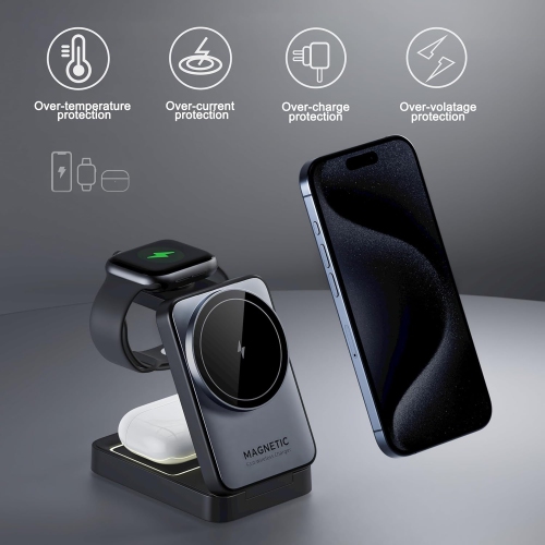 3-In-1 Wireless Charger for iPhone,15W Fast Charger Compatible with Magsafe Charger Stand,Foldable Charging Station for iPhone Airpod