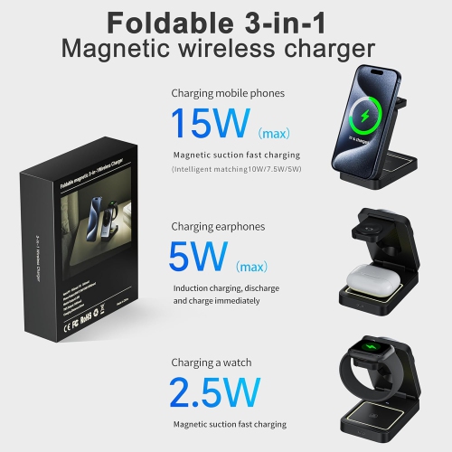 3-In-1 Wireless Charger for iPhone,15W Fast Charger Compatible with Magsafe Charger Stand,Foldable Charging Station for iPhone Airpod