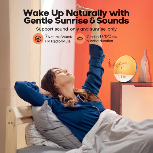 Sunrise Alarm Clock for Heavy Sleepers,Wake Up Light with Sunrise/Sunset Simulation,Dual Alarms,FM Radio,Alarm Clock with 7 Colors Night Light