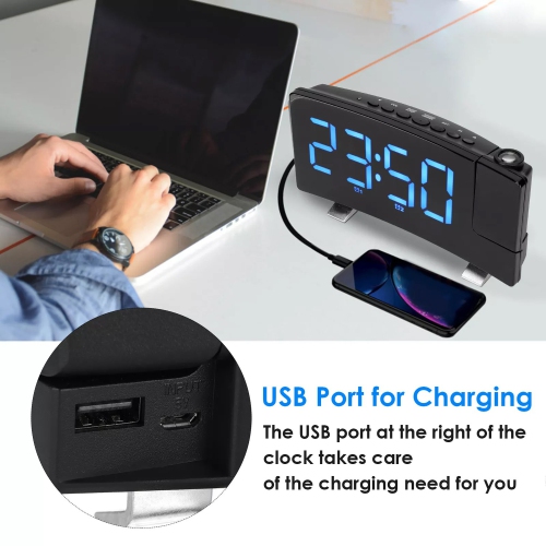 Réveille-matin à projection Réveil LED Radio FM Chargeur USB Horloge numérique de chevet - Police bleue