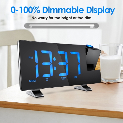 Réveille-matin à projection Réveil LED Radio FM Chargeur USB Horloge numérique de chevet - Police bleue