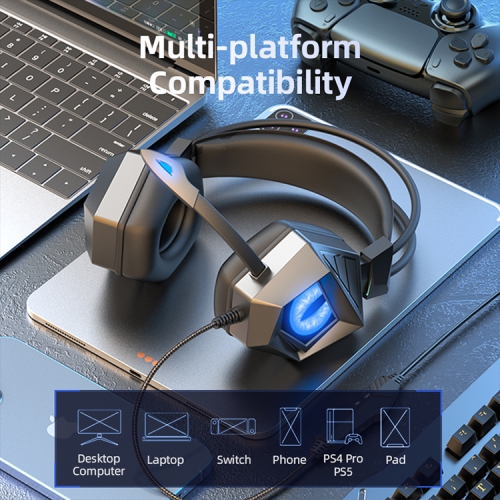 Wired luminescent headphones for PC gamers, with noise-cancelling microphone, stereo surround, quick adjustment, soft memory earmuffs,