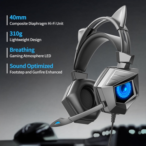 Wired luminescent headphones for PC gamers, with noise-cancelling microphone, stereo surround, quick adjustment, soft memory earmuffs,