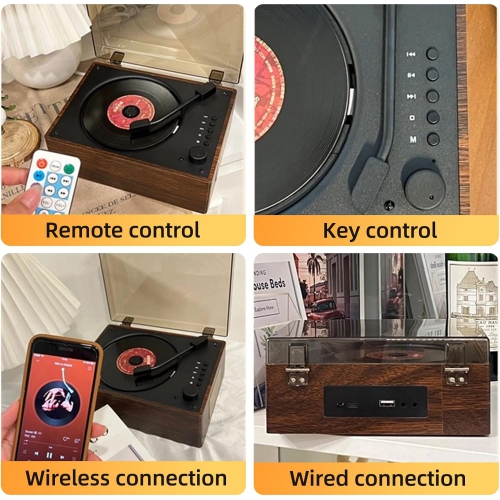 Lecteur CD portatif, lecteur CD Bluetooth rétro avec deux haut-parleurs haute fidélité, lecteur CD en bois rechargeable 2000 mAh pour la maison