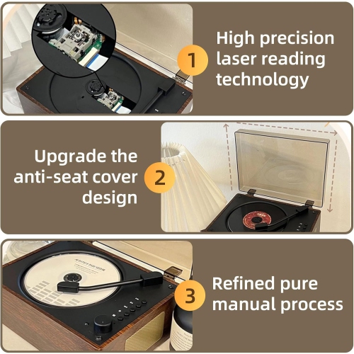 Lecteur CD portatif, lecteur CD Bluetooth rétro avec deux haut-parleurs haute fidélité, lecteur CD en bois rechargeable 2000 mAh pour la maison