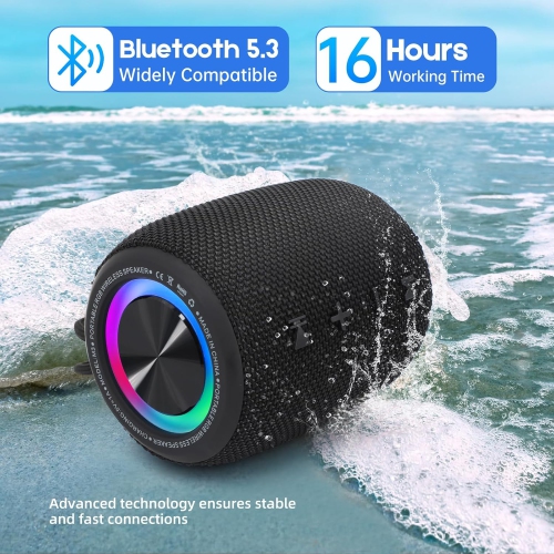 Portable Bluetooth Speaker, Wireless Speaker 20W Bass Diaphragm with Multiple LED Lights, Waterproof, Playing Time 16 Hours, Support FM Mode, TF,