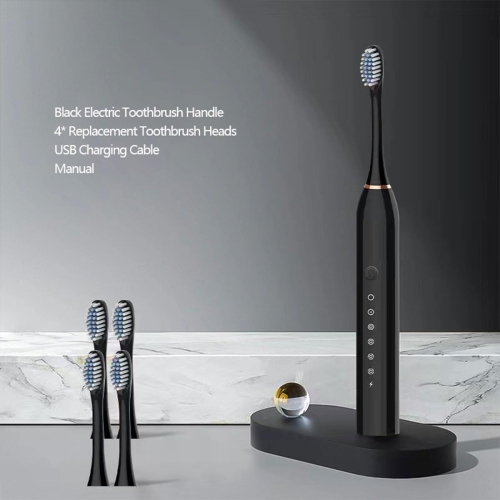 Children's electric toothbrush adult couple universal fully automatic soft bristle electric toothbrush upgraded version 6 gears 4 brush heads black