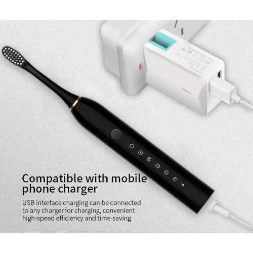 Children's electric toothbrush adult couple universal fully automatic soft bristle electric toothbrush upgraded version 6 gears 4 brush heads black