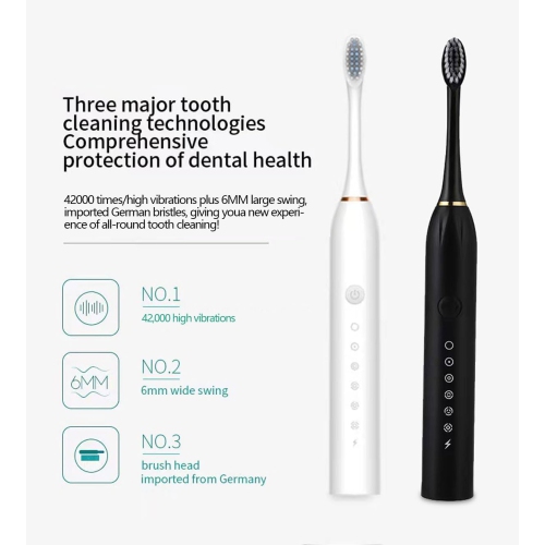 Children's electric toothbrush adult couple universal fully automatic soft bristle electric toothbrush upgraded version 6 gears 4 brush heads black