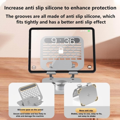 Support de tablette réglable avec base rotative à 360°, support à double tige en aluminium, compatible avec iPad Pro/Air/Mini gris métallique