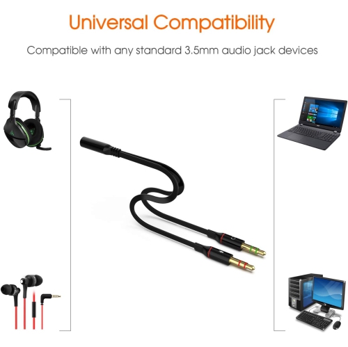 Headphone Splitter Adapter, 3.5mm Computer Microphone Cable, 3.5mm Female Headphone to 2 Dual Male Microphone Audio Stereo Jack Headphone Port