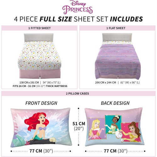 Princess 4-Pcs Full Soft & Cozy Bedding Sheet Set for Kids - 2 Pillowcase, Fitted Sheet, Flat Sheet