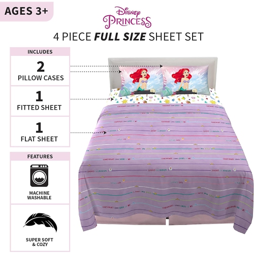 Princess 4-Pcs Full Soft & Cozy Bedding Sheet Set for Kids - 2 Pillowcase, Fitted Sheet, Flat Sheet