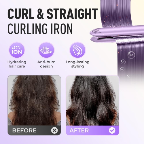 2 in 1 Mini Dual-Purpose Curling Iron Flat Hair Straightener, Portable Travel Curling Iron, Wet and Dry