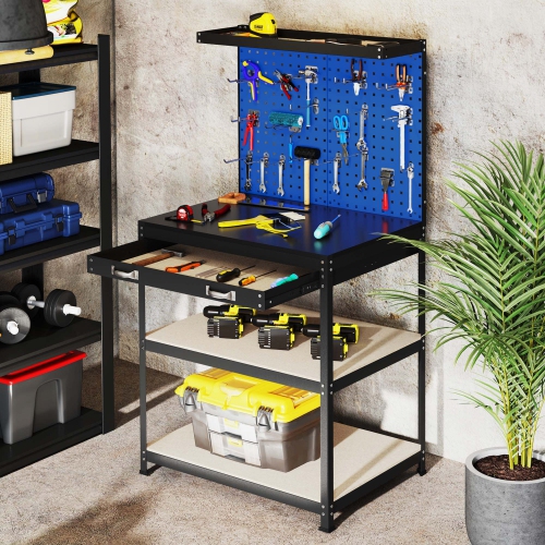 Gymax 32'' x 16'' Workbench w/ Pegboard 20PCS Tool Hooks Drawer & Open Shelves