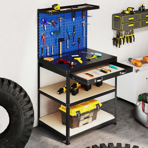 Gymax 32'' x 16'' Workbench w/ Pegboard 20PCS Tool Hooks Drawer & Open Shelves