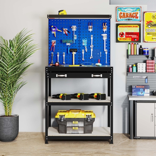 Gymax 32'' x 16'' Workbench w/ Pegboard 20PCS Tool Hooks Drawer & Open Shelves