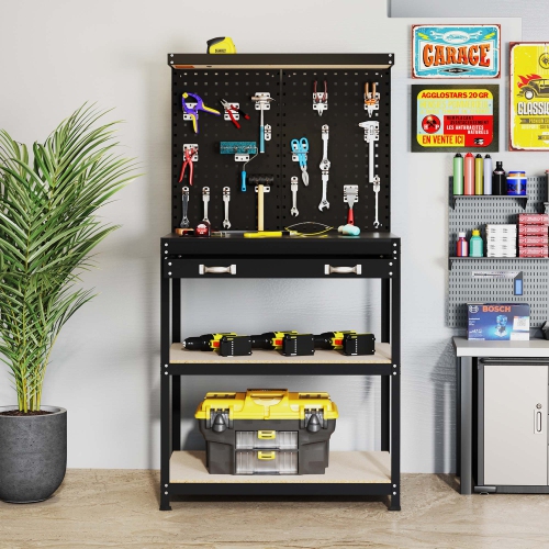Gymax 32'' x 16'' Workbench w/ Pegboard 20PCS Tool Hooks Drawer & Open Shelves